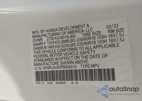 2023 Honda Odyssey Ex-L from USA, damaged, VIN 5FNRL6H63PB045410